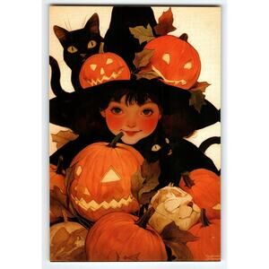 Vintage Halloween Witch Girl with Black Cats & Jack-O'-Lanterns Postcard